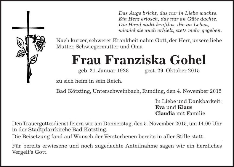 Traueranzeige Franziska Gohel