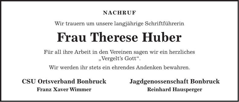 Traueranzeige Therese Huber