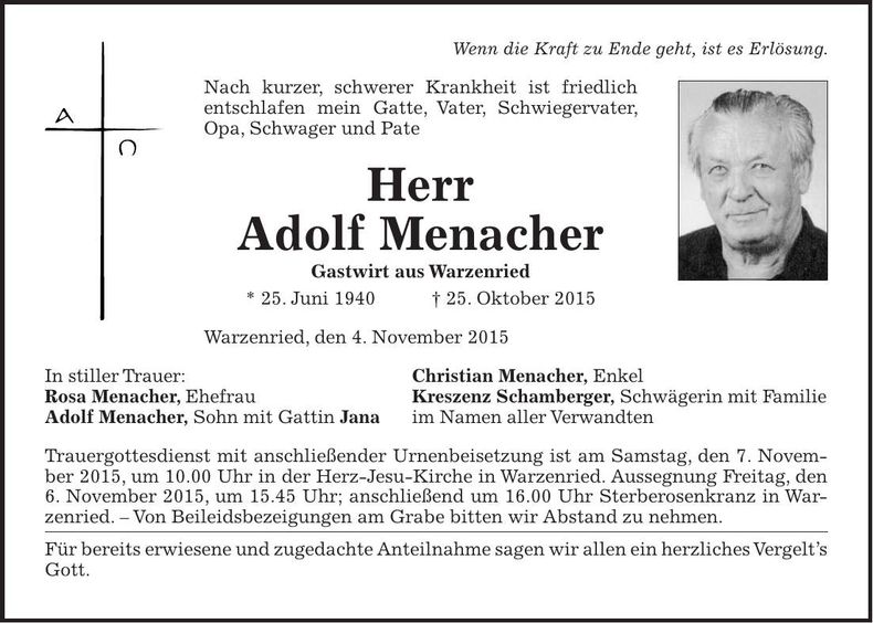 Traueranzeige Adolf Menacher