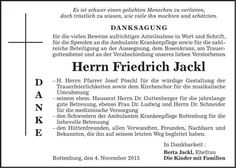 Traueranzeige Friedrich Jackl