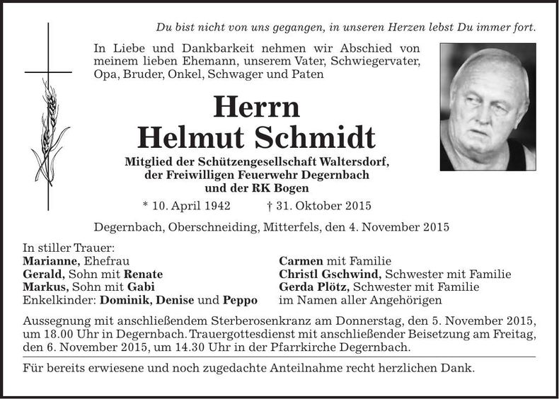 Traueranzeige Helmut Schmidt