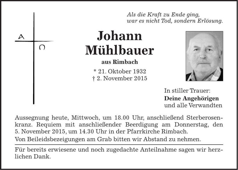 Traueranzeige Johann Mühlbauer