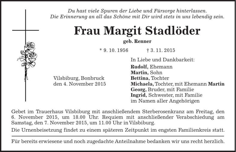 Traueranzeige Margit Stadlöder