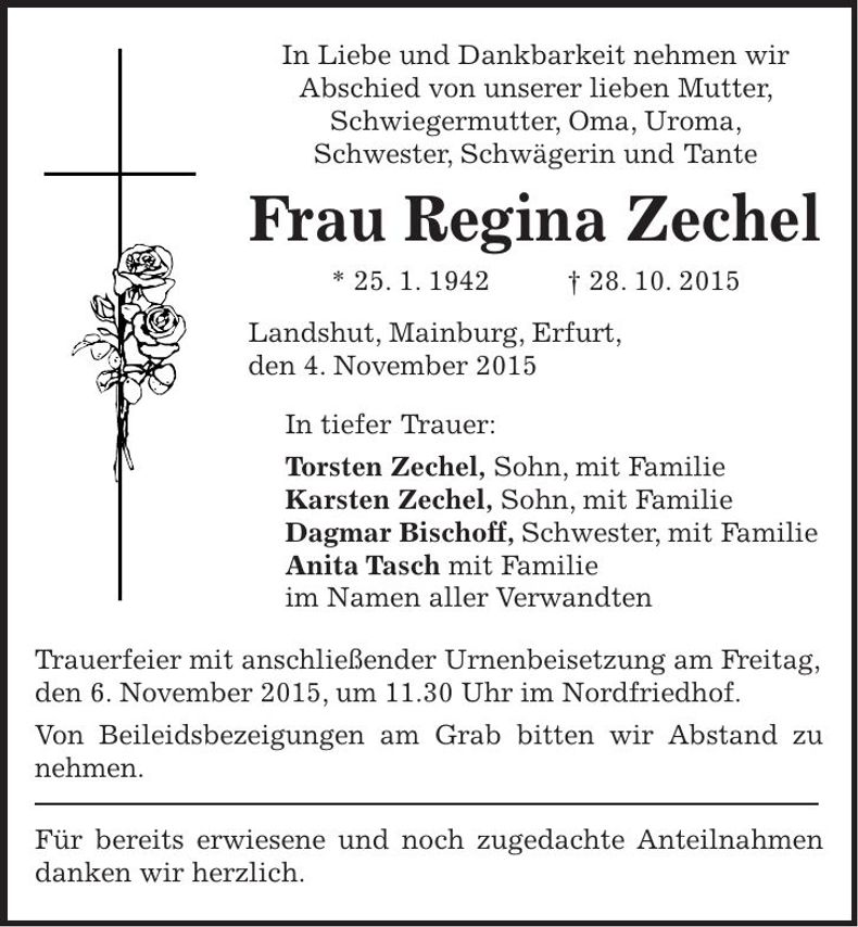 Traueranzeige Regina Zechel