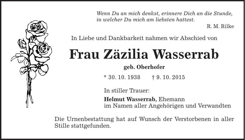 Traueranzeige Zäzilia Wasserrab