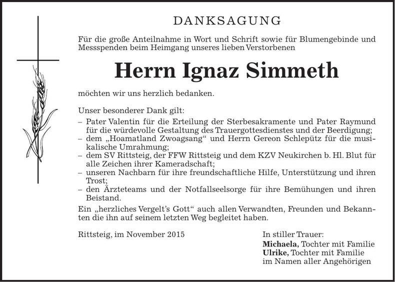 Traueranzeige Ignaz Simmeth