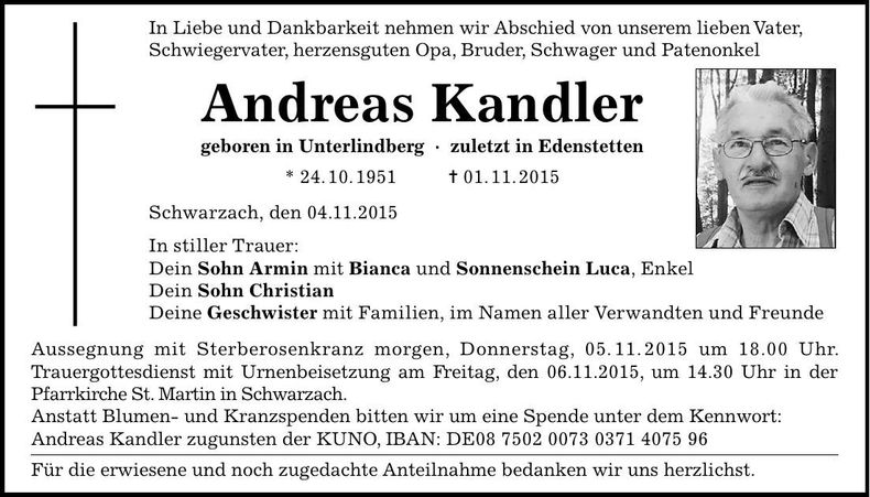 Traueranzeige Andreas Kandler