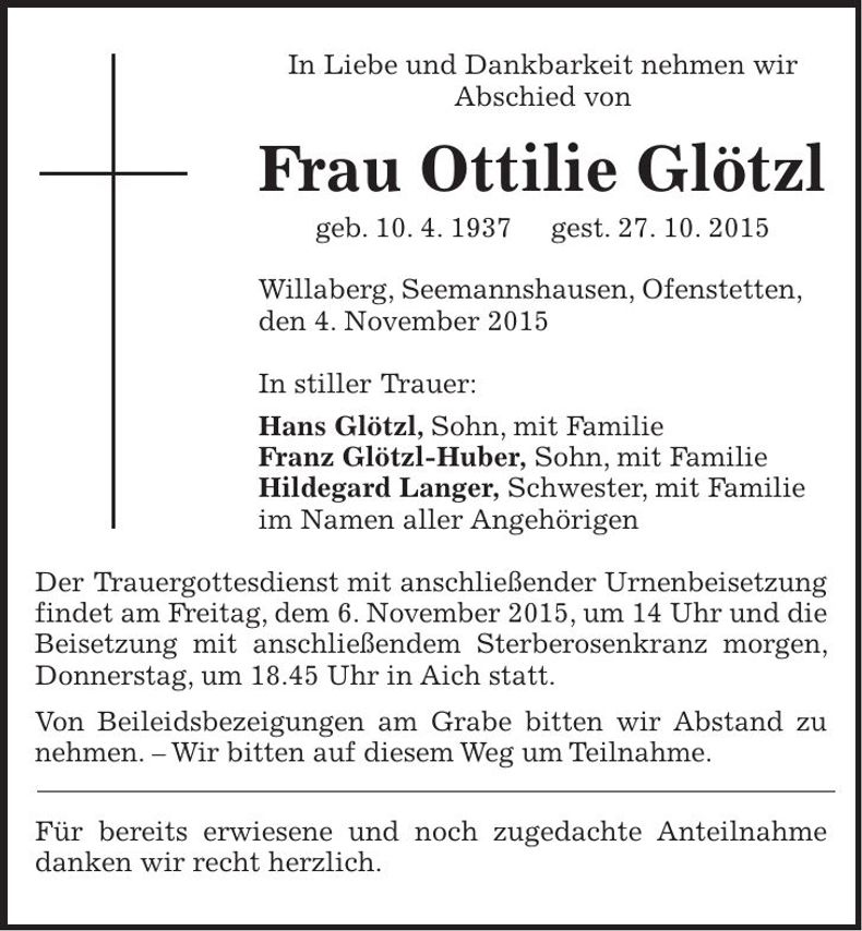 Traueranzeige Ottilie Glötzl