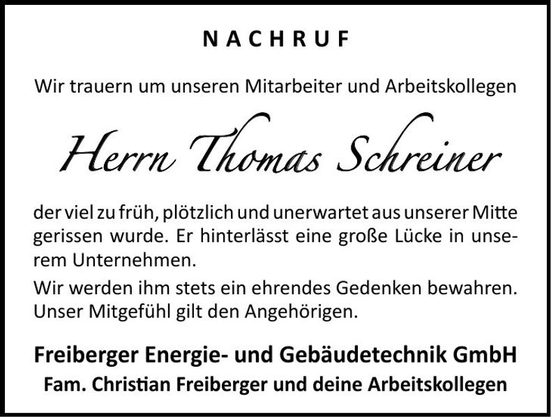 Traueranzeige Thomas Schreiner