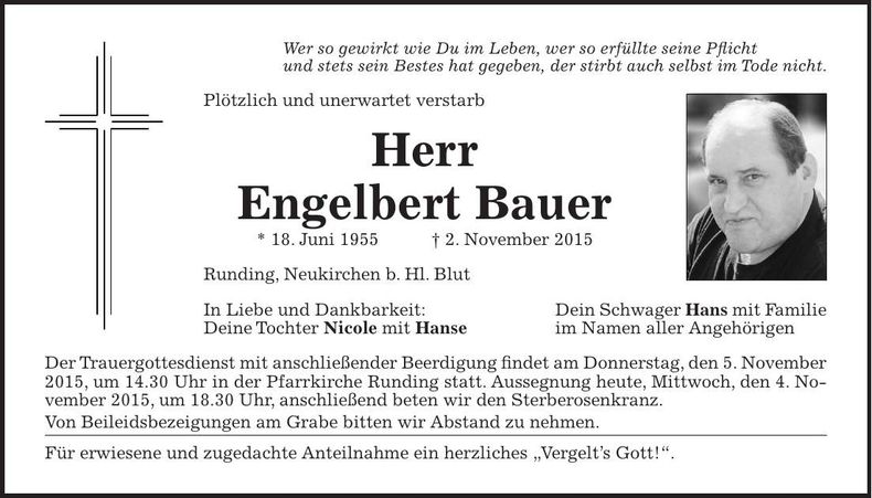 Traueranzeige Engelbert Bauer