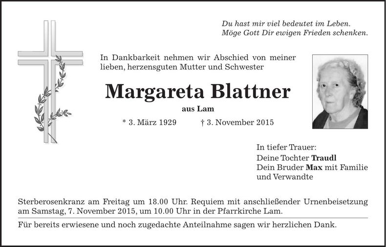 Traueranzeige Margareta Blattner