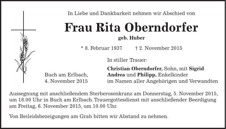 Traueranzeige Rita Oberndorfer