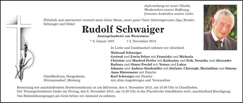 Traueranzeige Rudolf Schwaiger