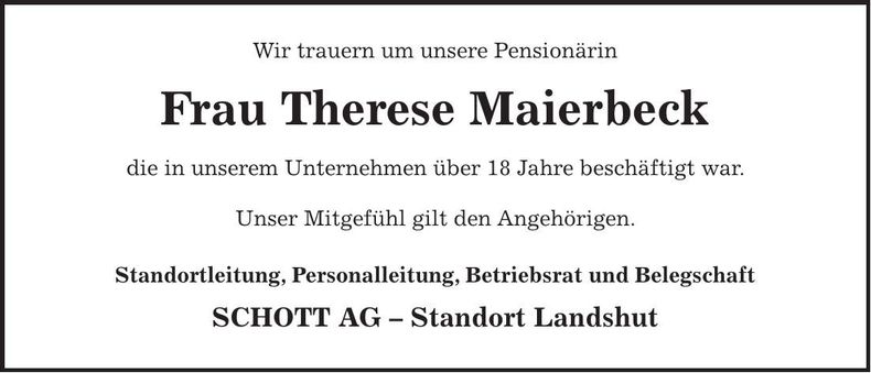 Traueranzeige Therese Maierbeck