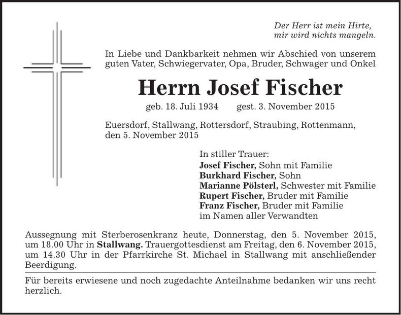 Traueranzeige Josef Fischer