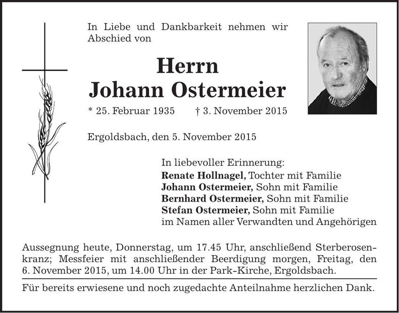 Traueranzeige Johann Ostermeier
