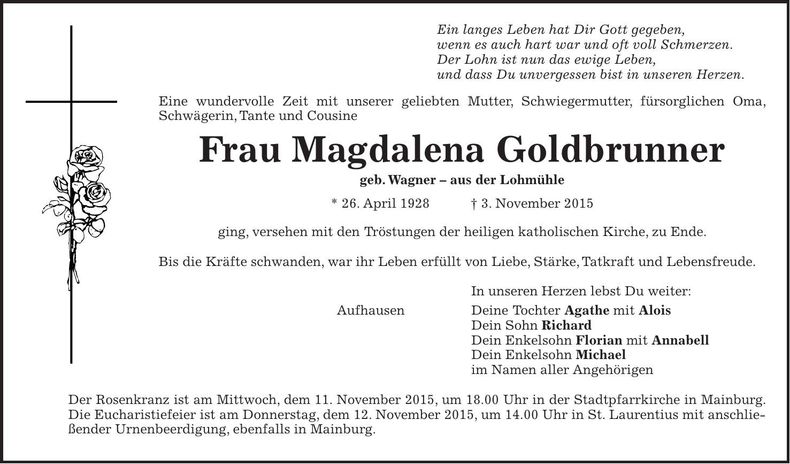 Traueranzeige Magdalena Goldbrunner
