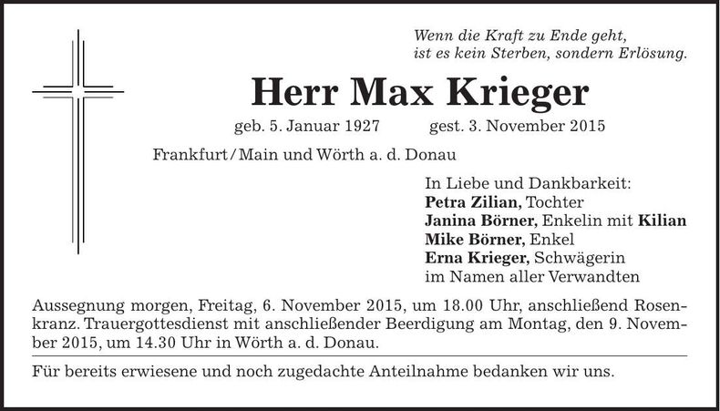 Traueranzeige Max Krieger