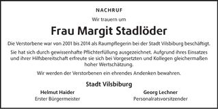 Traueranzeige Margit Stadlöder