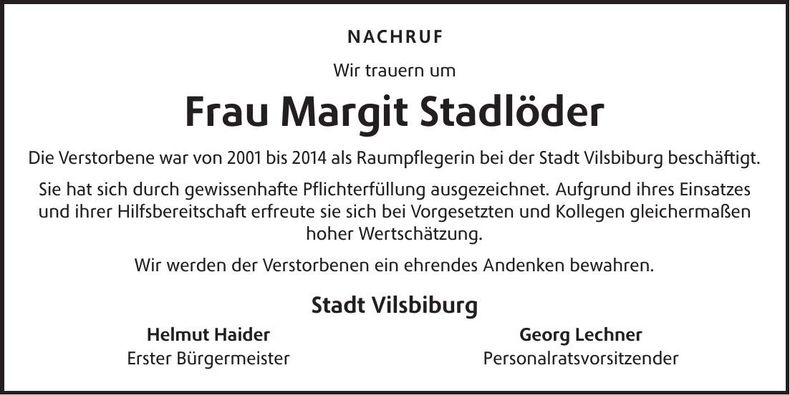 Traueranzeige Margit Stadlöder