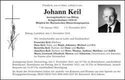 Traueranzeige Johann Keil