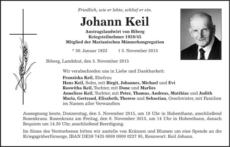 Traueranzeige Johann Keil