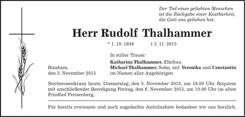 Traueranzeige Rudolf Thalhammer
