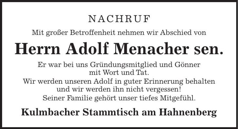 Traueranzeige Adolf Menacher sen.