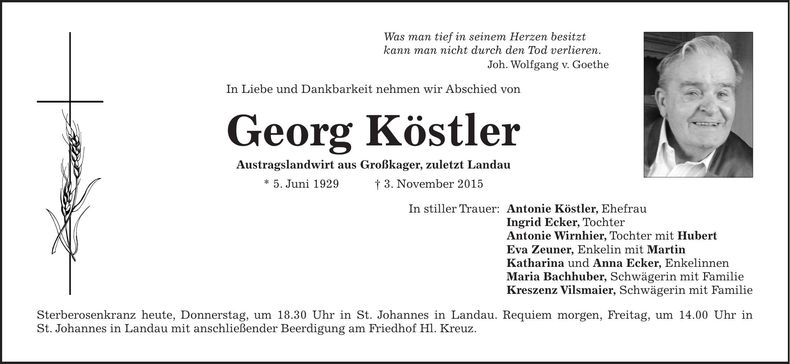 Traueranzeige Georg Köstler