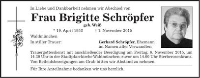 Traueranzeige Brigitte Schröpfer