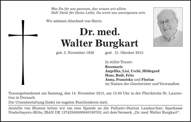 Traueranzeige Dr. med. Walter Burgkart