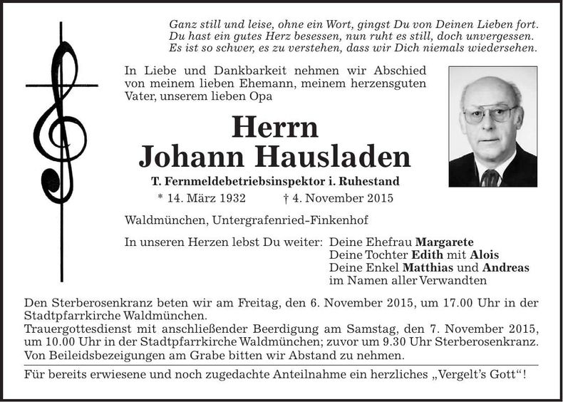 Traueranzeige Hausladen Johann