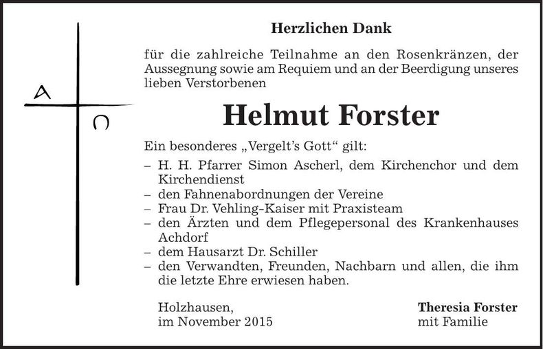 Traueranzeige Helmut Forster