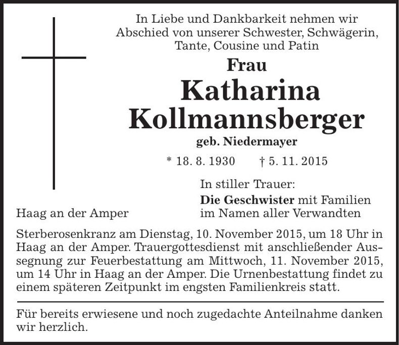 Traueranzeige Katharina Kollmannsberger