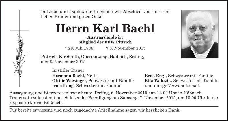 Traueranzeige Karl Bachl