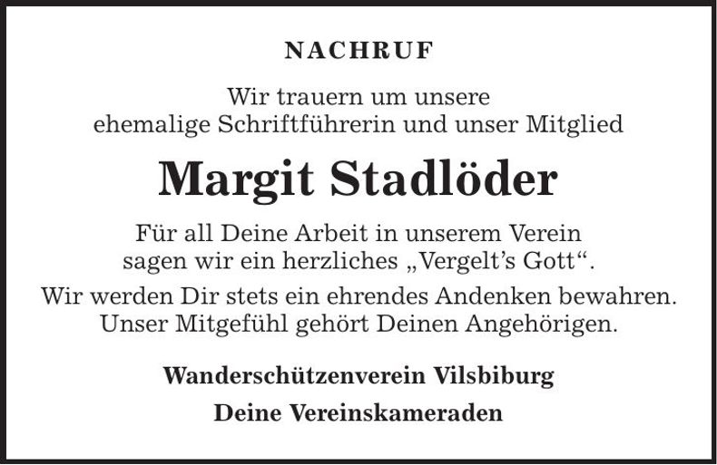 Traueranzeige Margit Stadlöder