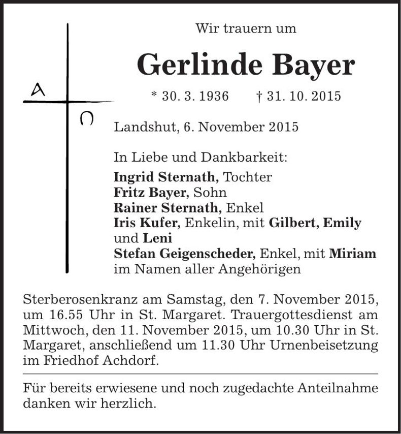 Traueranzeige Gerlinde Bayer