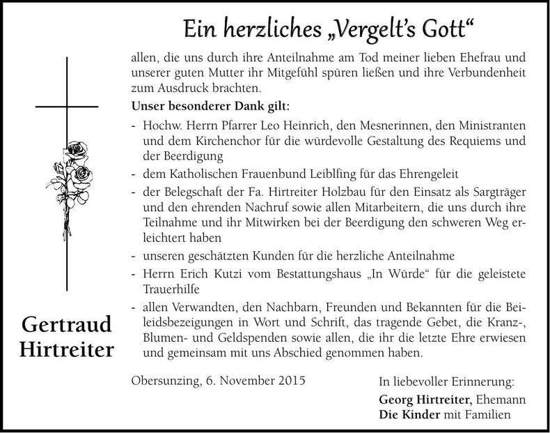 Traueranzeige Gertraud Hirtreiter