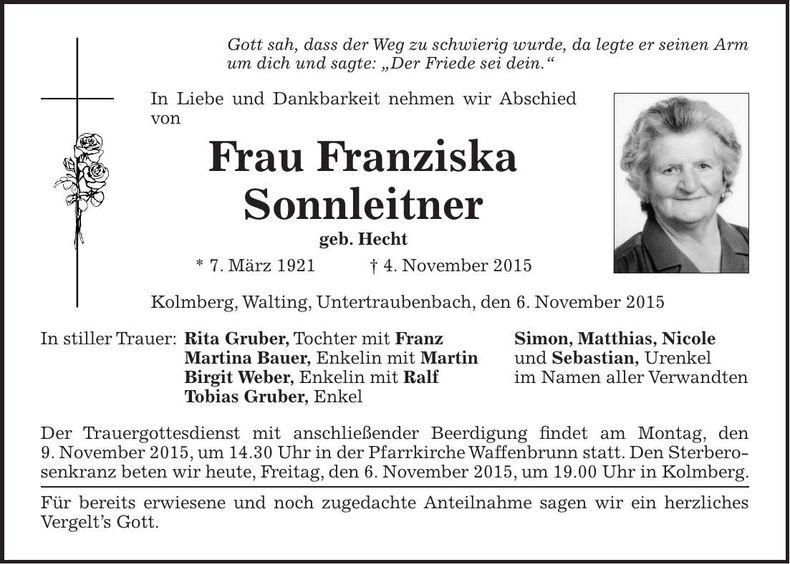Traueranzeige Franziska Sonnleitner
