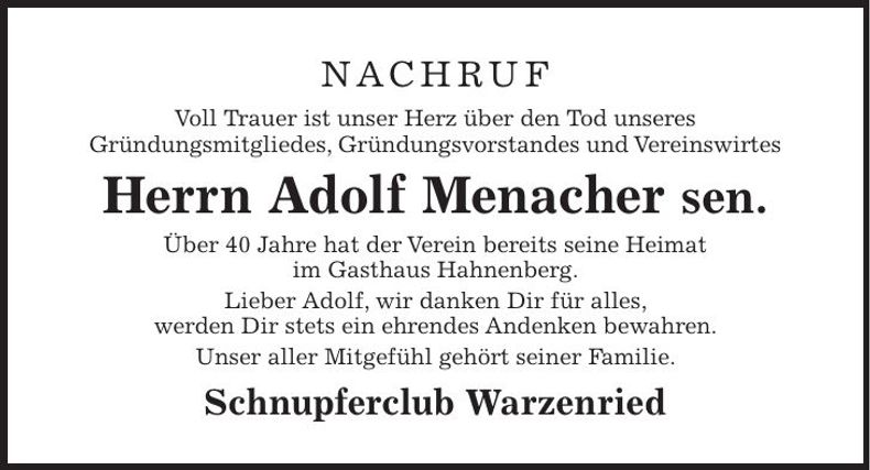 Traueranzeige Adolf Menacher