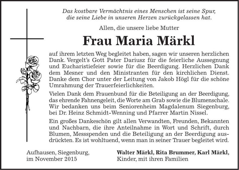 Traueranzeige Maria Märkl