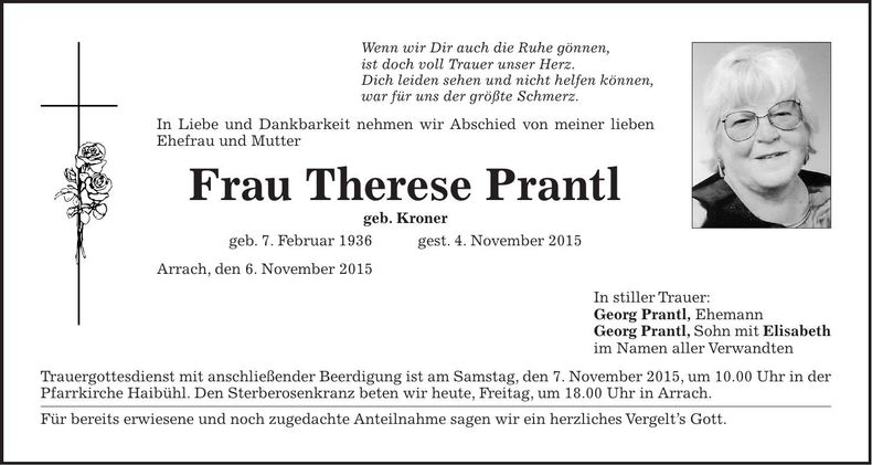 Traueranzeige Therese Prantl