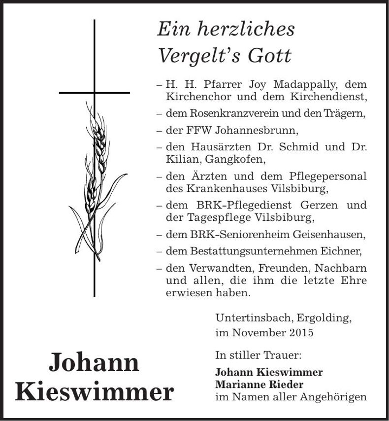 Traueranzeige Johann Kieswimmer