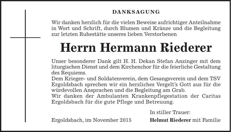 Traueranzeige Helmut Riederer