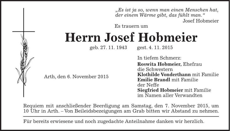 Traueranzeige Josef Hobmeier