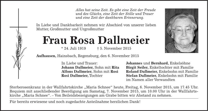 Traueranzeige Rosa Dallmeier