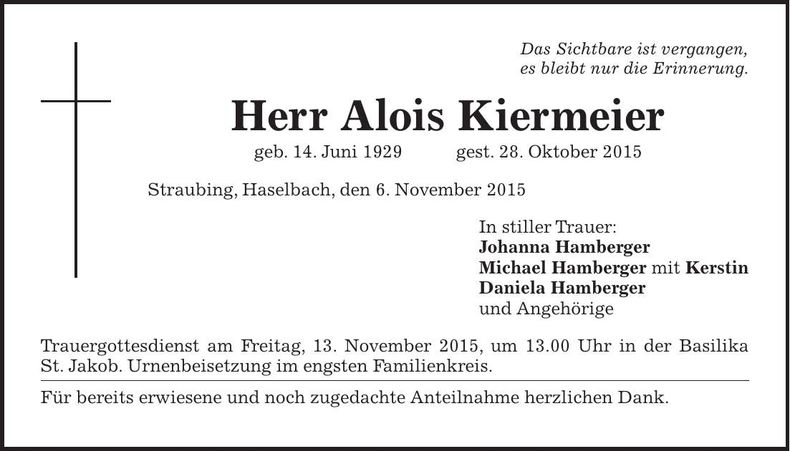 Traueranzeige Alois Kiermeier