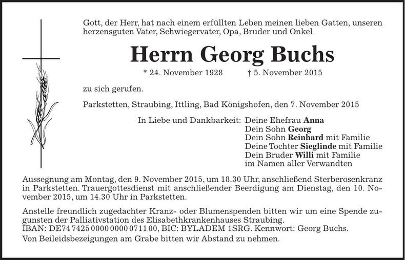 Traueranzeige Georg Buchs