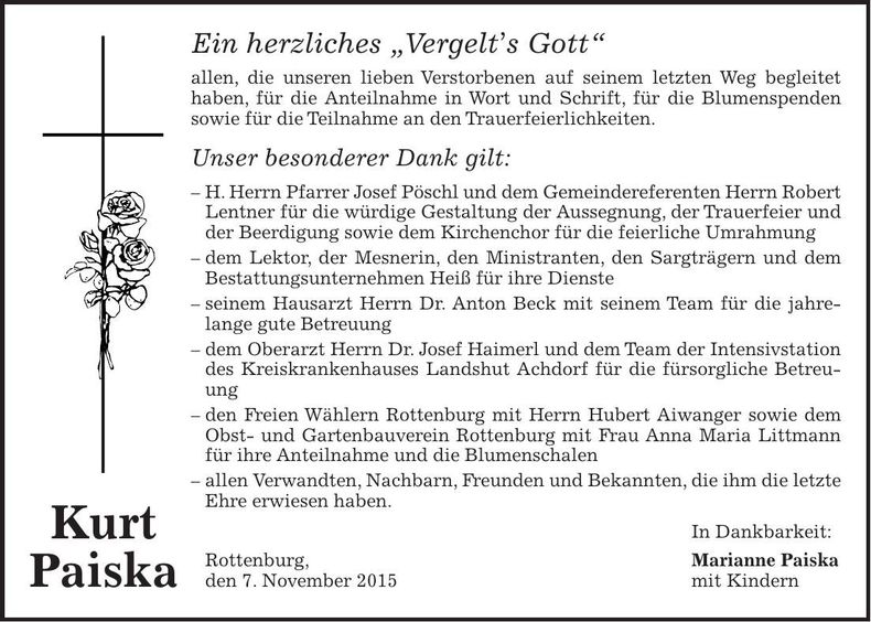 Traueranzeige Kurt Paiska