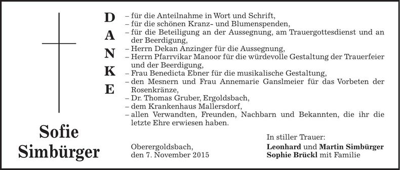 Traueranzeige Sofie Simbürger